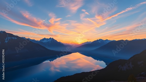 Majestic Twilight Sky Reflected in Calm Lake Amidst Mountains