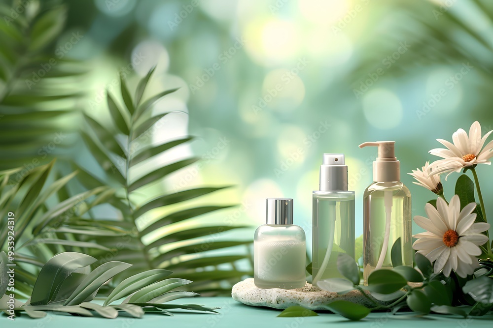 Serene Display of Natural Beauty Products Surrounded by Lush Greenery Serene Display of Natural Beauty Products Surrounded by Lush Greenery