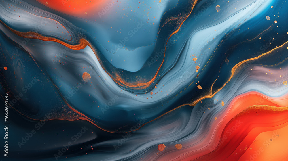 Obraz premium A striking abstract composition with fluid blends of blue, gray, and orange, highlighted with gold, creating a dynamic and energetic visual experience.