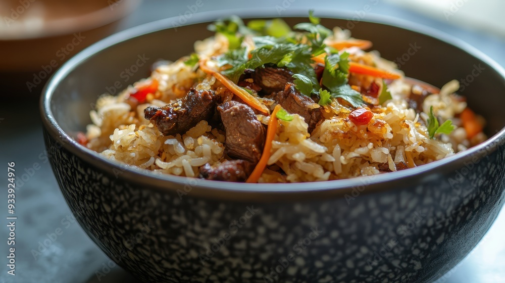 Kebuli is served on a plate with boiled vegetables. Arab food 
