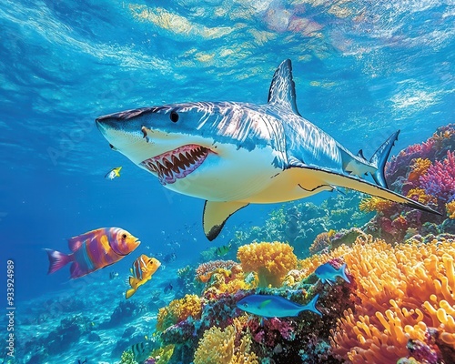 An explore the majestic world of ocean life with a thrilling scene featuring a powerful white shark and colorful fish swimming gracefully near vibrant coral reefs photo