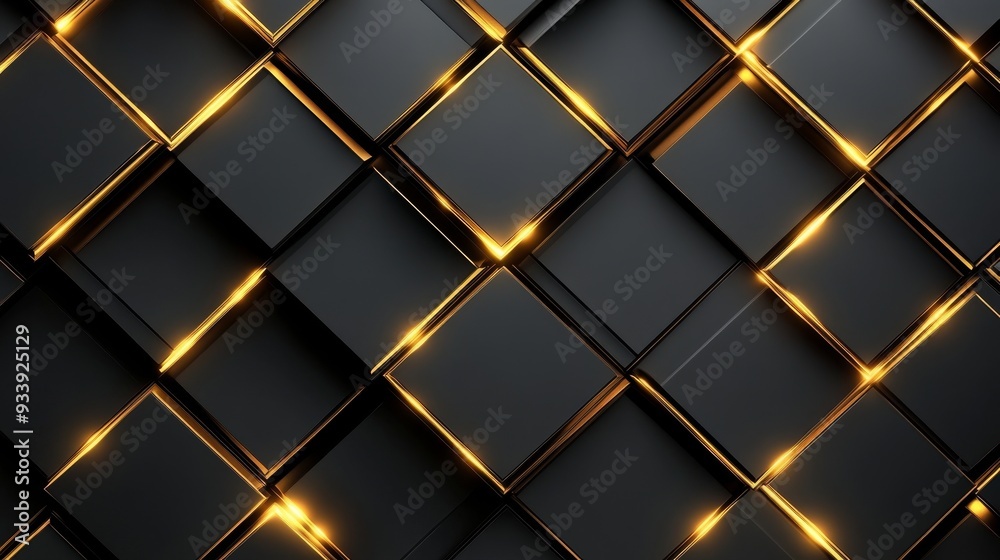 Black and Gold Squares with Glowing Edges, 3D Render, Geometric , Luxury , Minimalism , Abstract