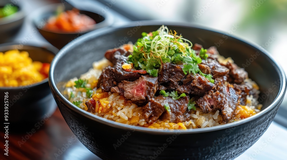 Kebuli is served on a plate with boiled vegetables. Arab food
Kebuli is served on a plate with boiled vegetables. Arab food