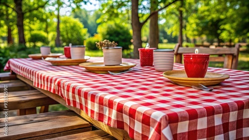 Vibrant red and white checkered pattern on a rustic wooden tablecloth, adding a pop of color to a cozy outdoor picnic setting. photo