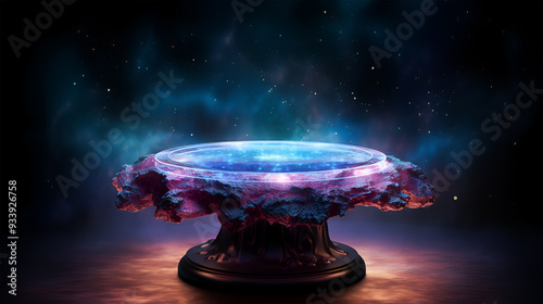 Mystical galaxy-themed dark background with an illuminated empty transparent table for an out-of-this-world product display