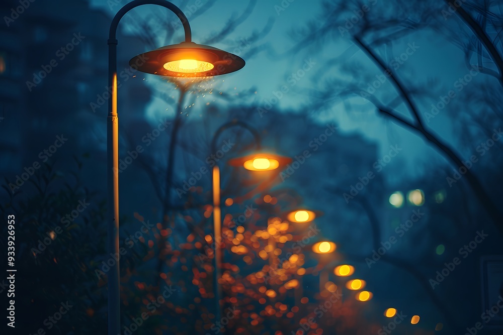 Serene Evening Street Illuminated by Warm Streetlights Serene Evening Street Illuminated by Warm Streetlights