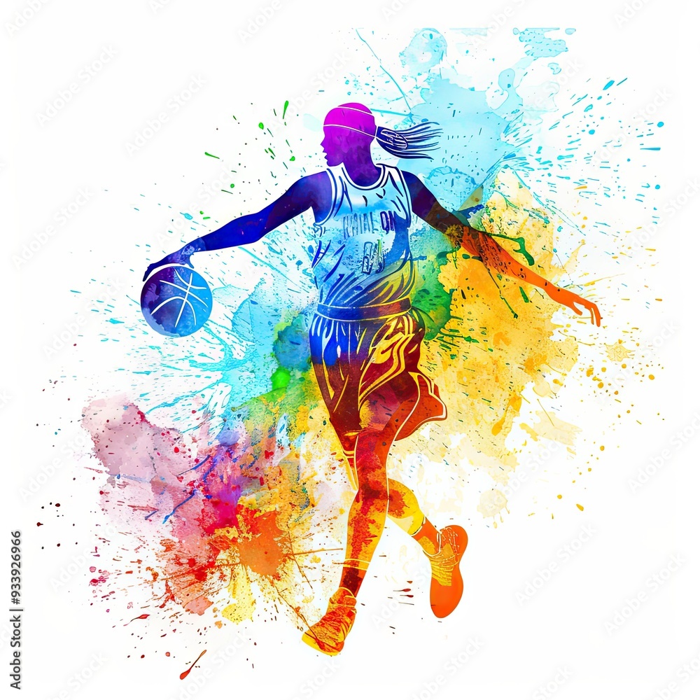 Fototapeta premium watercolor painting of a basketball player, with vibrant splashes of color highlighting the athleticism and movement against a white backdrop.