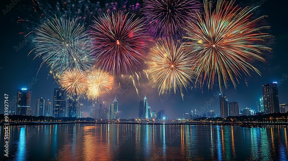Fototapeta premium A stunning display of colorful fireworks lighting up the night sky above a city skyline, with reflections shimmering on the water below.