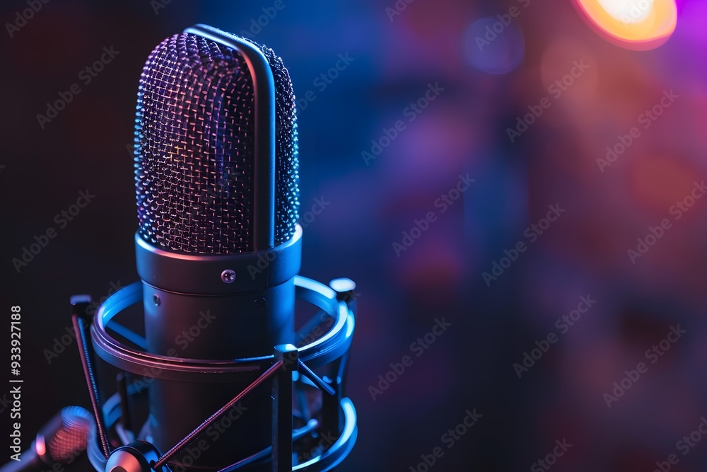 Close-Up of a Professional Microphone with Colorful Background Lights Close-Up of a Professional Microphone with Colorful Background Lights