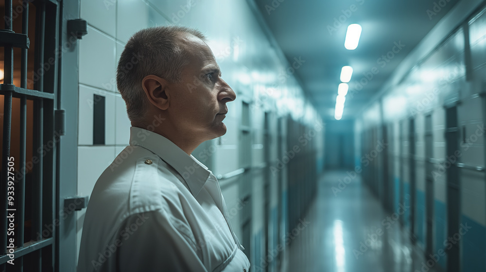 A prison guard stands alone in a dimly lit corridor lined with cells, maintaining vigilance and ensuring order within the facility's restricted environment. A prison guard stands alone in a dimly lit corridor lined with cells, maintaining vigilance and ensuring order within the facility's restricted environment.