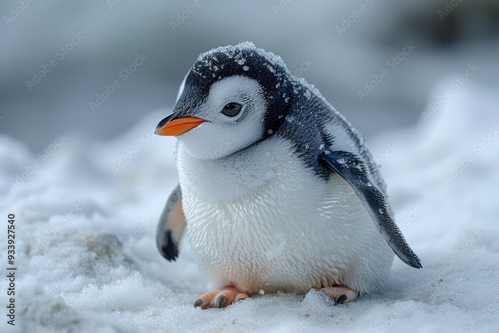 Fototapeta premium a penguin plush toy is illuminated by golden bokeh lights. The gentle snowfall and the soft fabric of the toy create a magical and festive feeling.