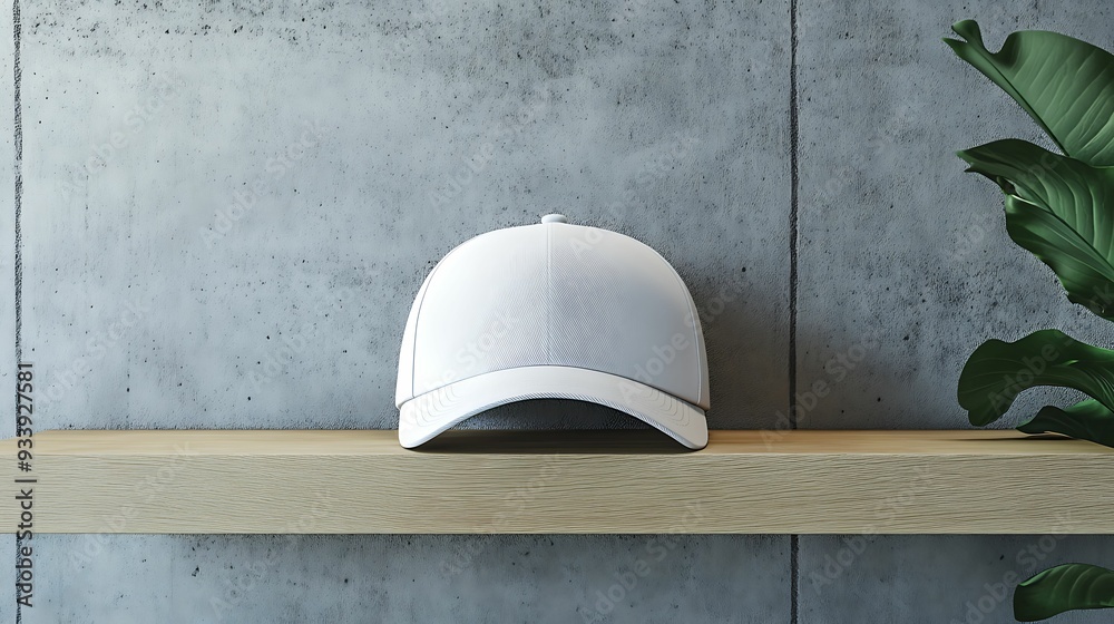 A clean white cap displayed on a light wooden shelf against a concrete wall, complemented by a green plant, showcasing minimalist and modern design elements. A clean white cap displayed on a light wooden shelf against a concrete wall, complemented by a green plant, showcasing minimalist and modern design elements.