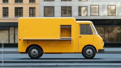 A yellow food truck parked along a city street, ready for business. The urban backdrop highlights the modern street food culture in a bustling environment.