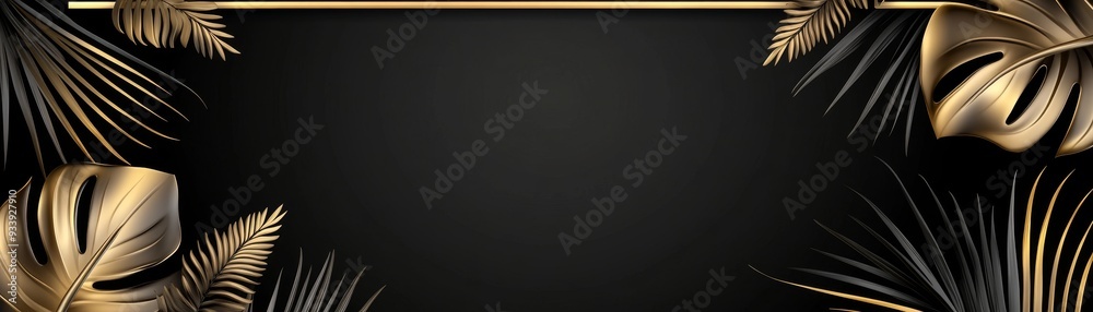 Golden Tropical Leaves on Black Background with a Gold Line, tropical, gold, black, leaf, frame Golden Tropical Leaves on Black Background with a Gold Line, tropical, gold, black, leaf, frame