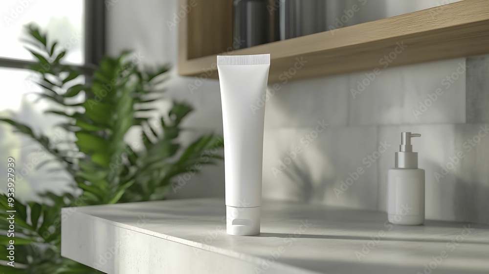 Minimalist bathroom scene featuring a white skincare tube on a marble counter, with lush green plants and soft natural light. Minimalist bathroom scene featuring a white skincare tube on a marble counter, with lush green plants and soft natural light.