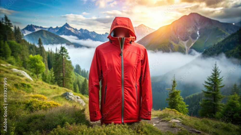 Vibrant red outdoor jacket with adjustable hood and cuffs, perfect for hiking or camping, set against a blurred mountainous landscape with trees and mist. Vibrant red outdoor jacket with adjustable hood and cuffs, perfect for hiking or camping, set against a blurred mountainous landscape with trees and mist.