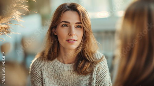 A thoughtful woman listens attentively during a conversation, seated in a well-lit room, embodying empathy and connection in a calm and comfortable setting.