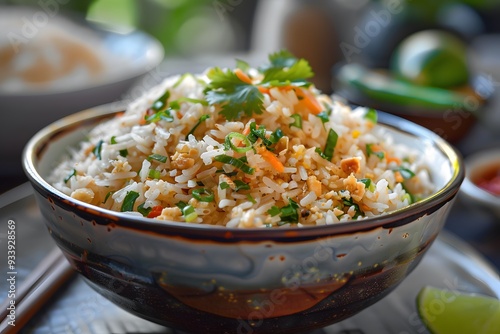 Delicious Bowl of Fried Rice Garnished with Fresh Herbs and Vegetables