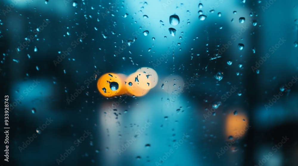 Fototapeta premium Raindrops on a window with city street lights in the background, bokeh effect. Moody and serene weather concept