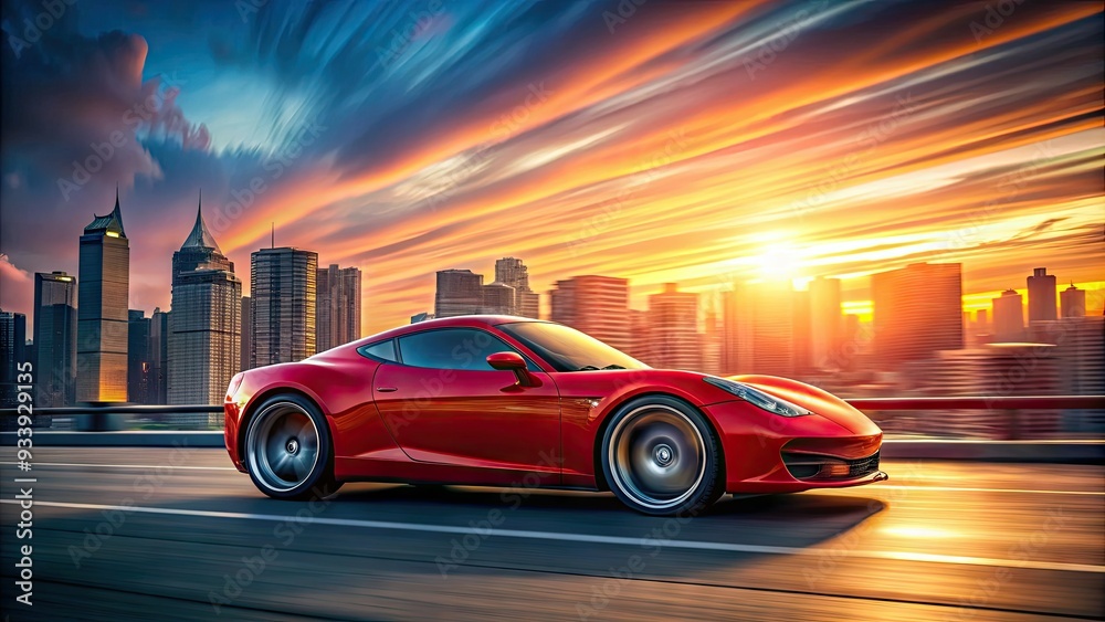 Fototapeta premium Vibrant red sports car zooms past, wheels spinning, creating dynamic motion blur against a blurred cityscape background at dusk with soft focus.