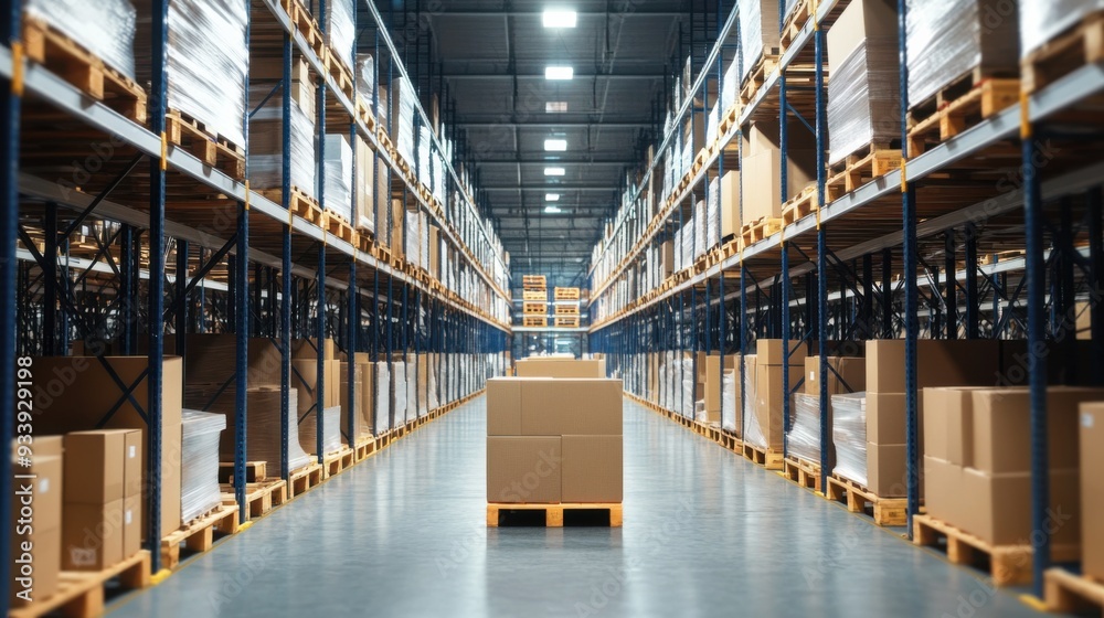 Fototapeta premium Large warehouse aisle with stacked shelves and boxes, industrial lighting.
