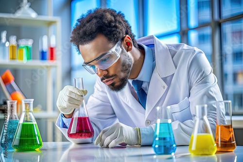 Diverse scientist in lab coat and safety glasses intently examines a colorful liquid experiment in a flask, preparing a lesson in a modern laboratory setting.