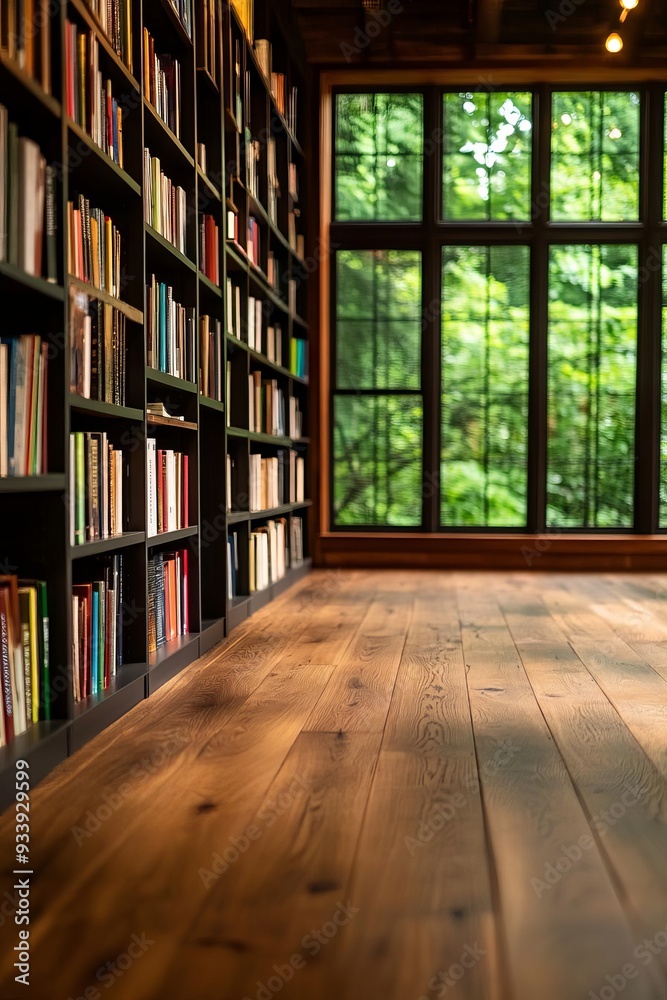 A cozy library filled with books, featuring warm wooden flooring and a large window that invites nature indoors. A cozy library filled with books, featuring warm wooden flooring and a large window that invites nature indoors.