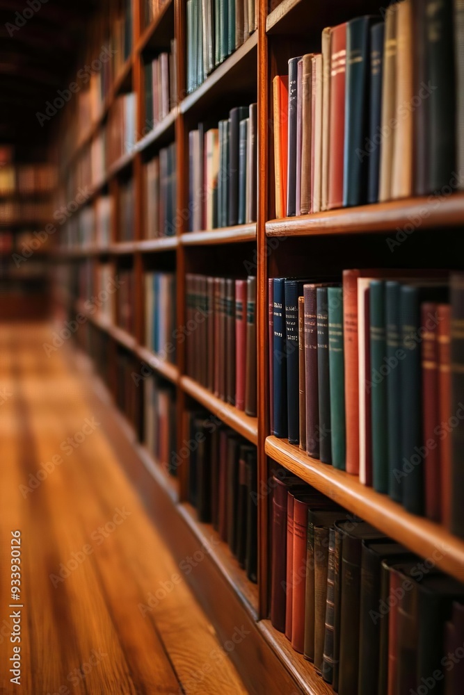A serene view of a wooden library with lined shelves filled with colorful books, inviting readers to explore endless knowledge. A serene view of a wooden library with lined shelves filled with colorful books, inviting readers to explore endless knowledge.