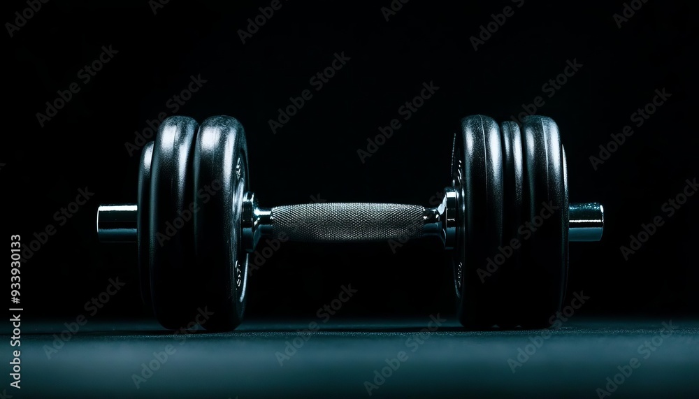 Naklejka premium A sleek black dumbbell displayed against a dark background, emphasizing fitness and strength training equipment.