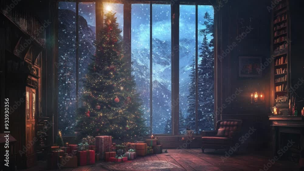 Warm Xmas holiday scene in a cozy cabin with a decorated Christmas tree, gifts, fireplace, and snow-covered mountain view Warm Xmas holiday scene in a cozy cabin with a decorated Christmas tree, gifts, fireplace, and snow-covered mountain view