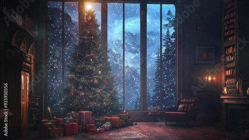 Warm Xmas holiday scene in a cozy cabin with a decorated Christmas tree, gifts, fireplace, and snow-covered mountain view
