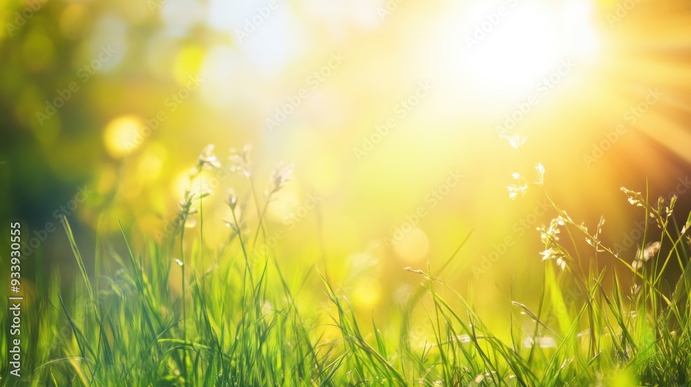 Fototapeta premium Peaceful meadow bathed in warm sunlight, featuring green grass and wildflowers.