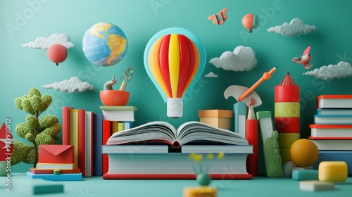 Open Book with Hot Air Balloon and Globe Soaring Above