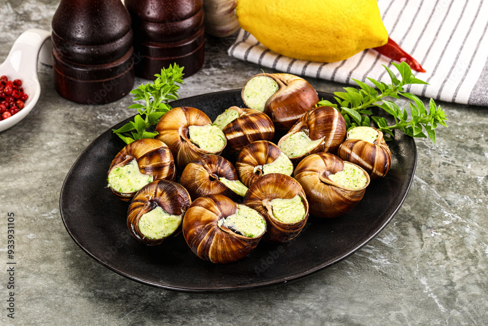 Fototapeta premium Fresnch escargort with basil butter
