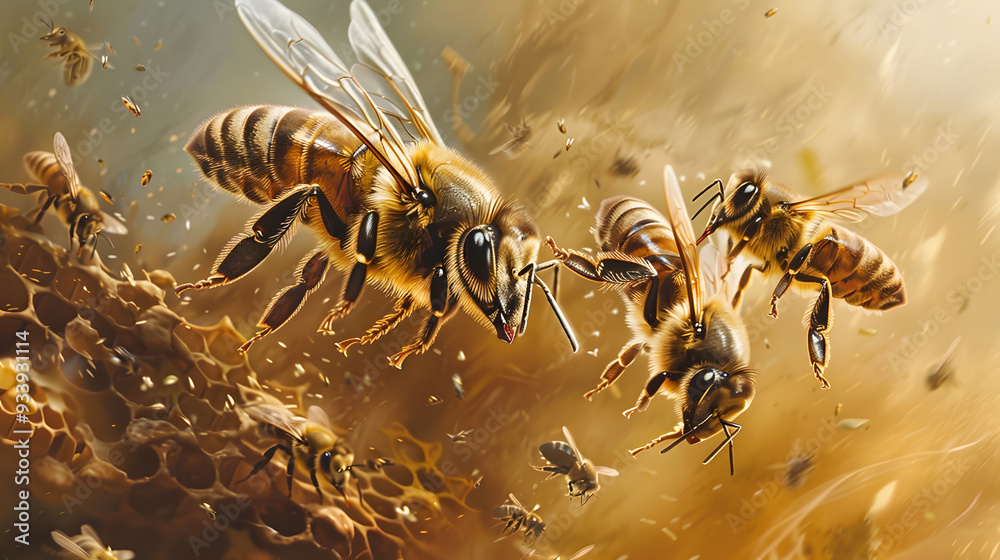 A group of honey bees collecting pollen grains from flowers for the preparation of honey. A group of honey bees collecting pollen grains from flowers for the preparation of honey.