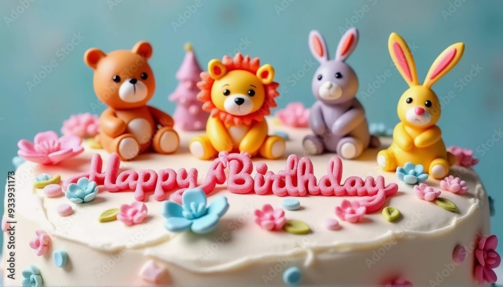 A colorful HAPPY BIRTHDAY cake with animal figurines on top, candles and swirling colors A colorful HAPPY BIRTHDAY cake with animal figurines on top, candles and swirling colors