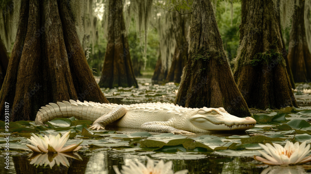 Obraz premium Albino alligator resting by a swamp, surrounded by water lilies and cypress trees.