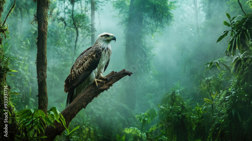 Philippine eagle perched on a branch in a rainforest, surrounded by mist and thick foliage.