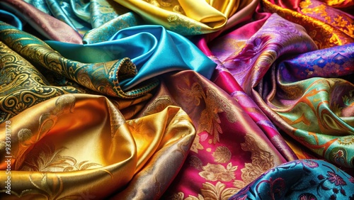 Vibrant silk fabrics in various colors and patterns, delicately draped and folded, showcasing intricate textures and subtle sheen, evoking luxury and elegance.