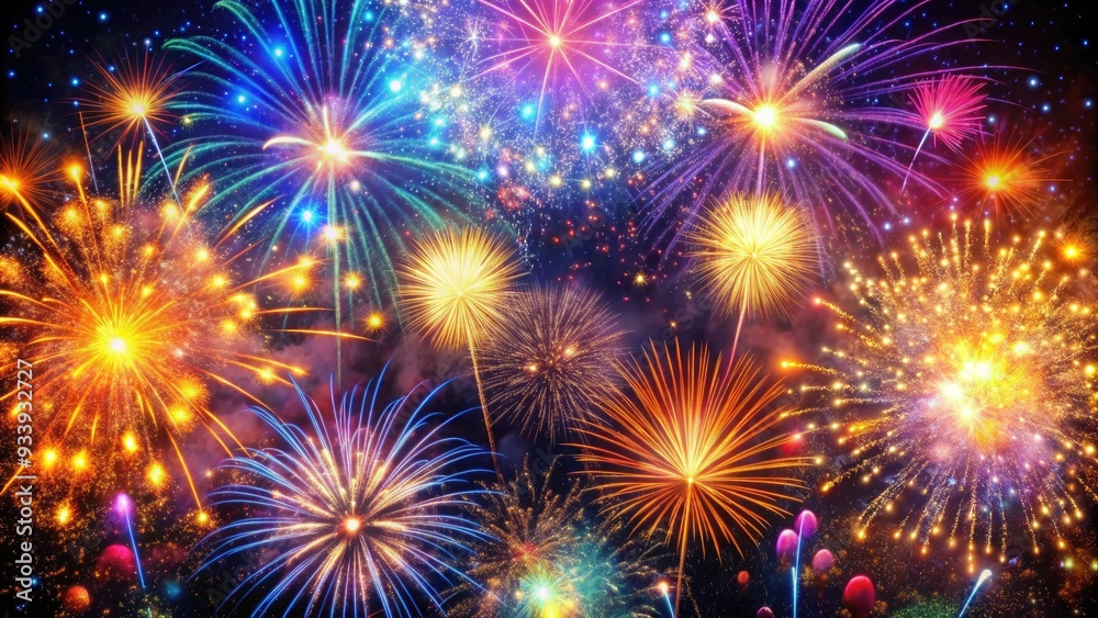 Fototapeta premium Vibrant sparks erupt from a firework explosion, illuminating the night sky with a kaleidoscope of colors, creating a mesmerizing and dynamic visual effect.