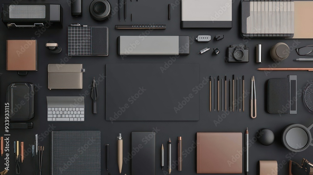 Flat Lay of Various Office and Stationery Supplies on a Black Background Flat Lay of Various Office and Stationery Supplies on a Black Background
