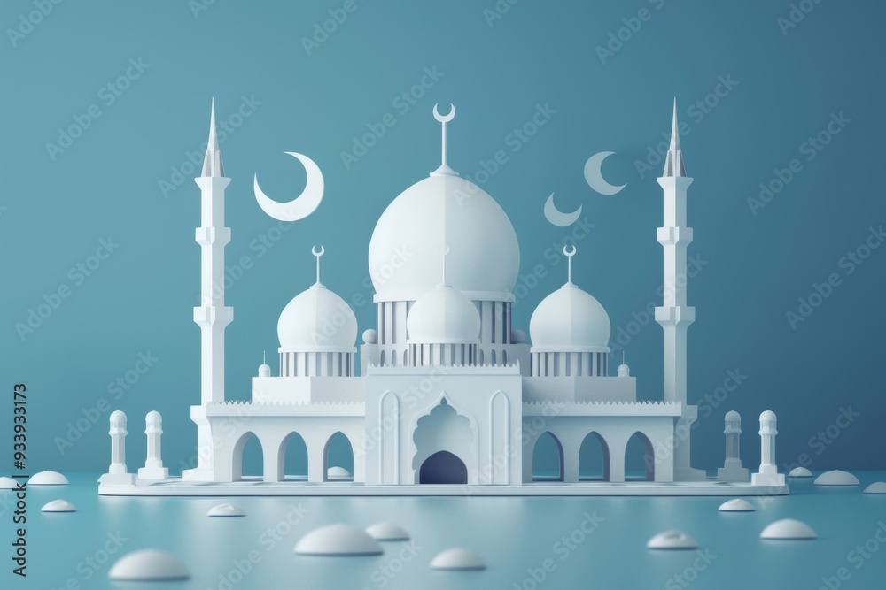 Obraz premium White mosque with crescent moon and stars on a blue background. Suitable for religious and cultural designs, celebrations, and promotions.