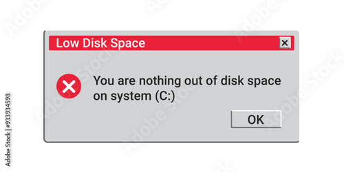 Low disk space message. Memory error in red colors. Retro alert notification on screen.
