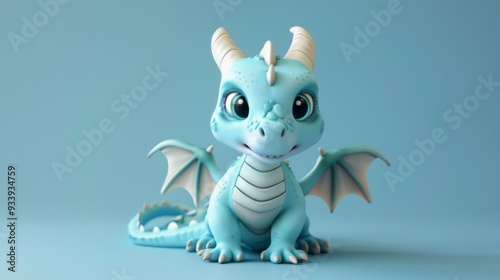 Cute Blue Dragon Sitting on Blue Background.