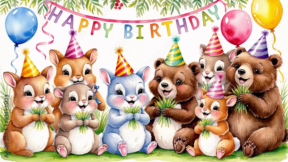 Fototapeta premium A group of cute animals in a soft watercolor style holding balloons, HAPPY BIRTHDAY text