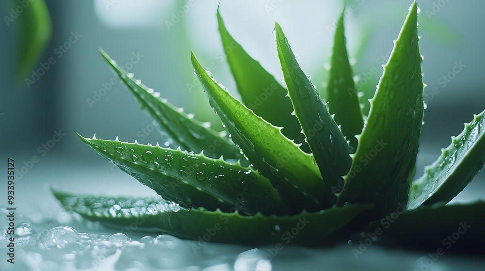 Aloe vera plant with water droplets indoors in soft natural light Aloe vera plant with water droplets indoors in soft natural light