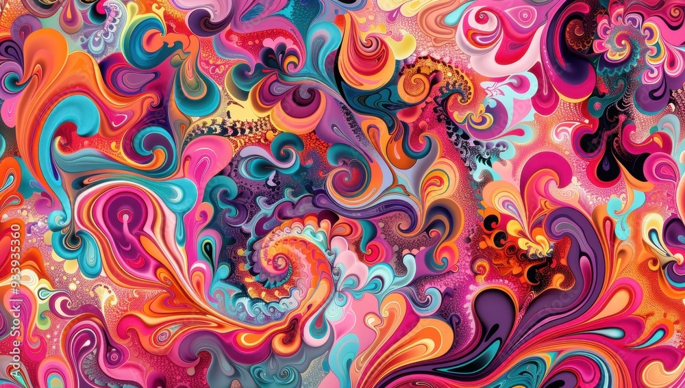 A vibrant pattern of colorful, abstract shapes and patterns in pink, purple, red, teal, and orange colors, with intricate details reminiscent of baroque design Generative AI