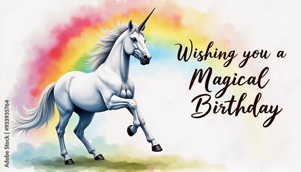 Fototapeta premium A unicorn prancing beneath a watercolor rainbow, WISHING YOU A MAGICAL BIRTHDAY text