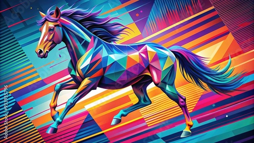 Vibrant, stylized digital illustration of a sleek, galloping wild horse in bold lines and colors, set against a dynamic, abstract geometric background. photo