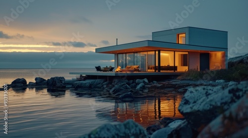 Modern lakeside house with panoramic windows, warmly lit at twilight, reflecting on the water. Perfect for luxury residential architecture and nature projects.